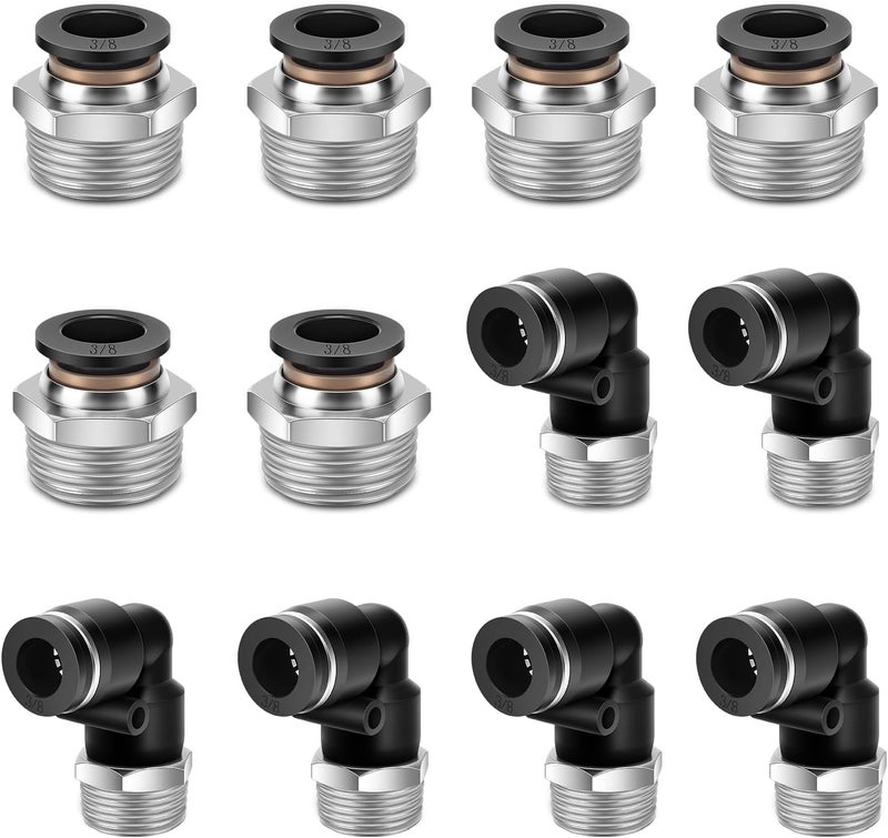 cnaodun 12 Pcs Push to Connect Fittings 3/8 Inch Tube OD x 1/2 Inch NPT Thread Pneumatic Male Straight and Elbow Quick Connect Air line fittings - Image 1